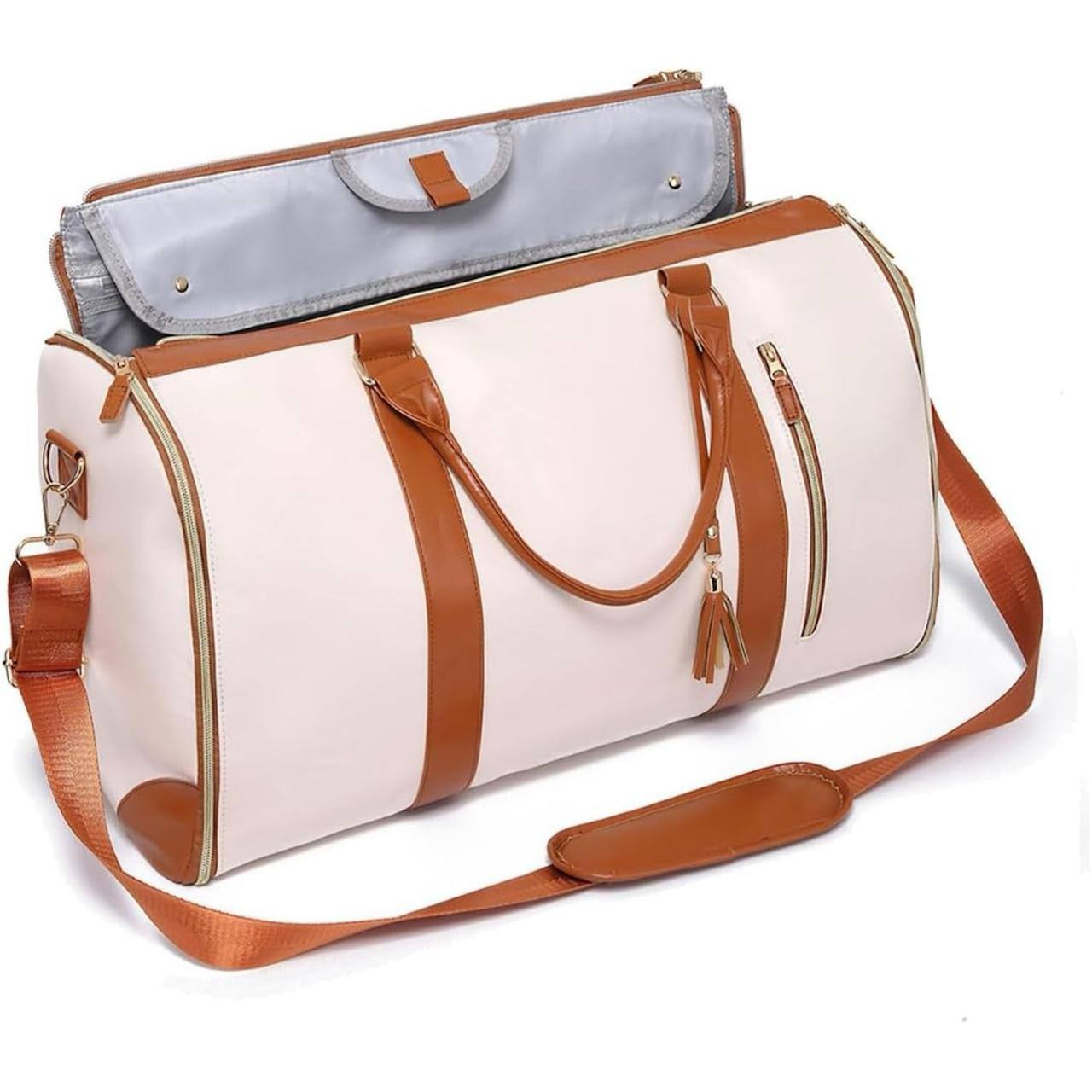 Large Foldable Travel Duffle Bag - Ivory and Tan