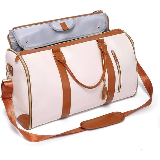 Large Foldable Travel Duffle Bag - Ivory and Tan
